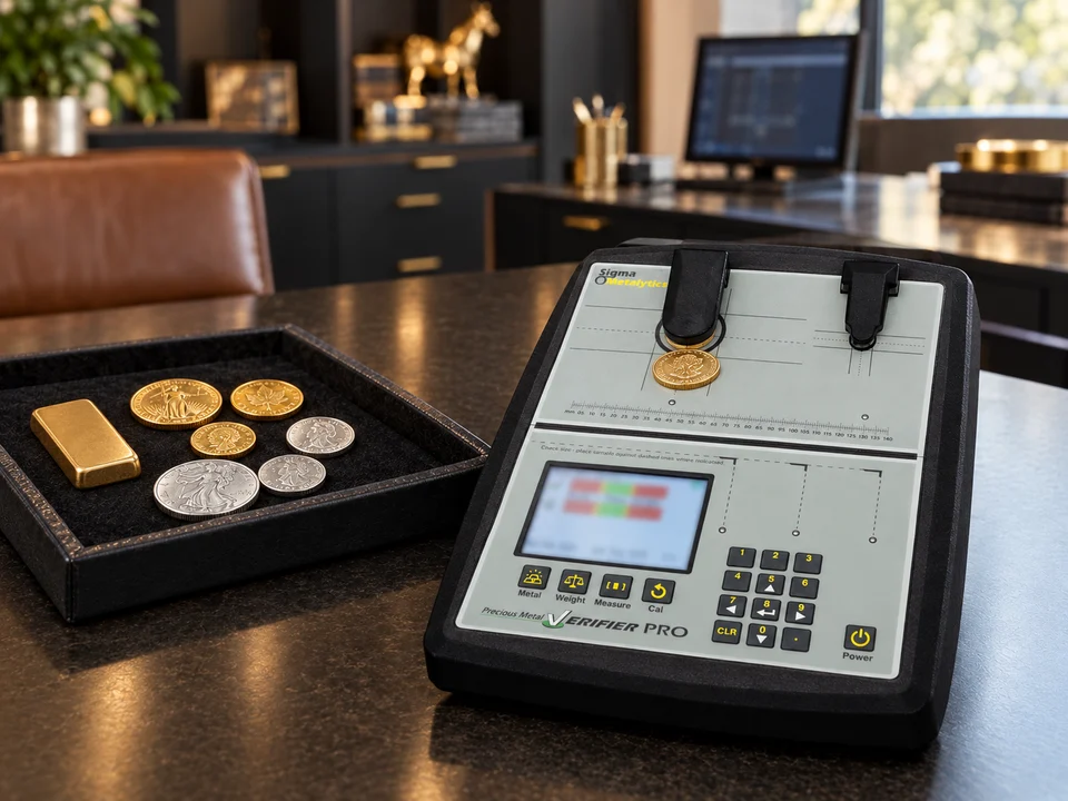 Illustrative setup of a Sigma PMV PRO with a coin under its sensor and bullion samples beside it.